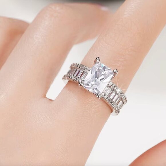 14k White Gold Diamond Ring Baguette & Emerald Cut Ring Band - Picture 10 of 10